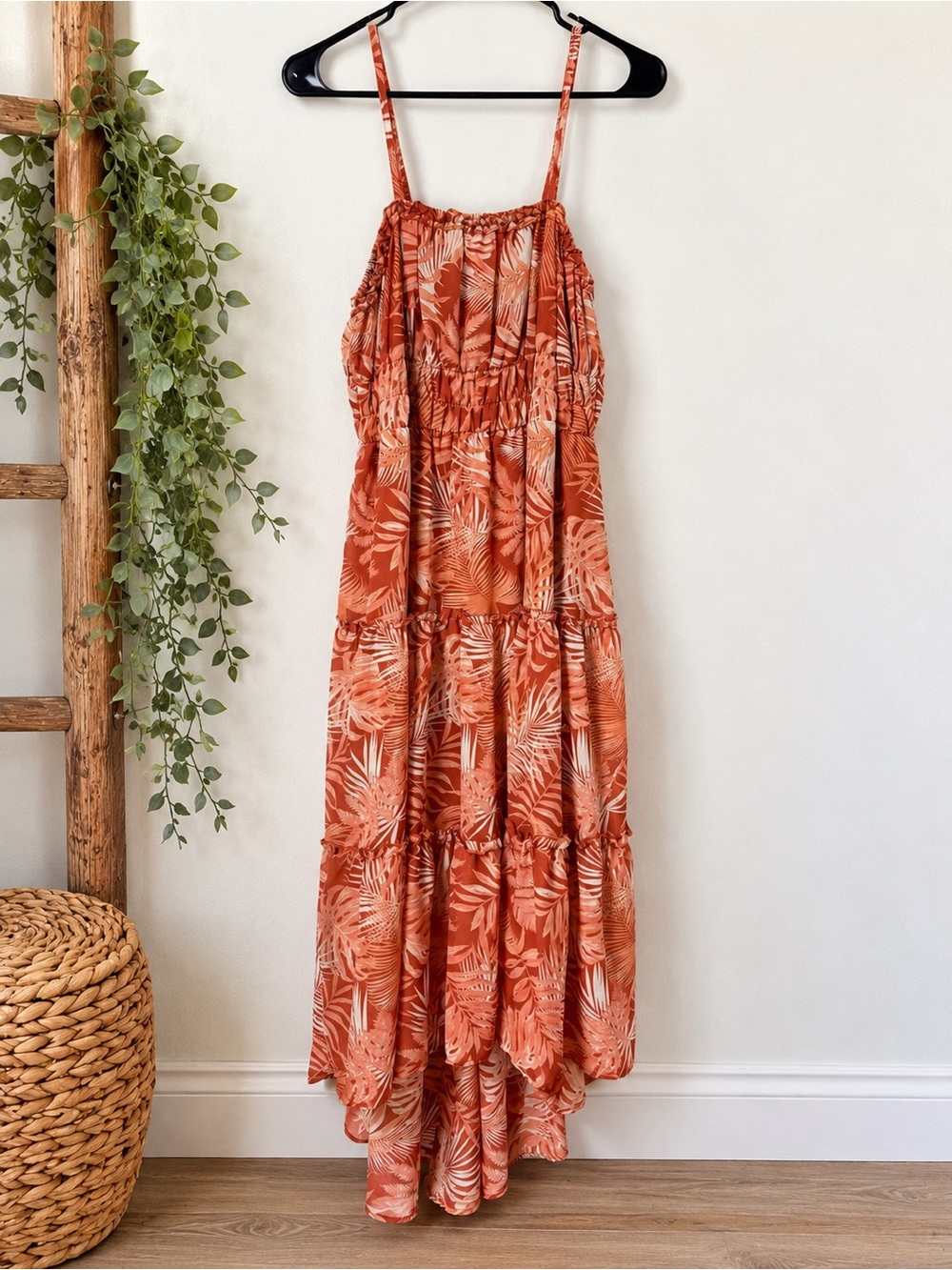 No Boundaries Rust and Cream Tropical Tiered Maxi Dress